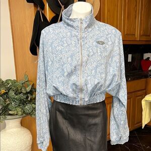 Blue and White Bomber Jacket with Geometric Print